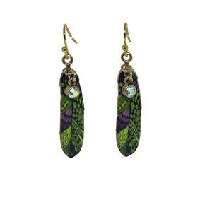 Green Feather Crystal Dangle - Gold Tone Enamel Charms - Hypoallergenic